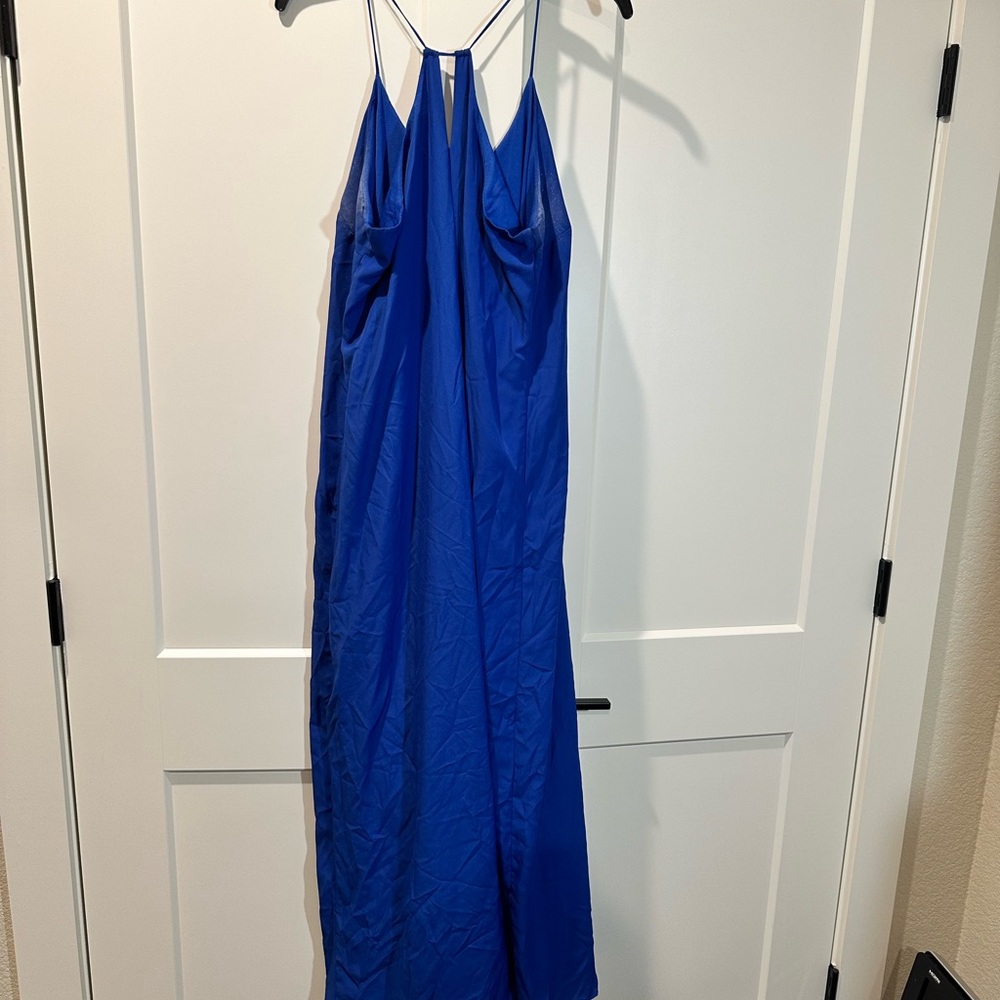 Royal blue dress, floor length, spaghetti sleeves, size large